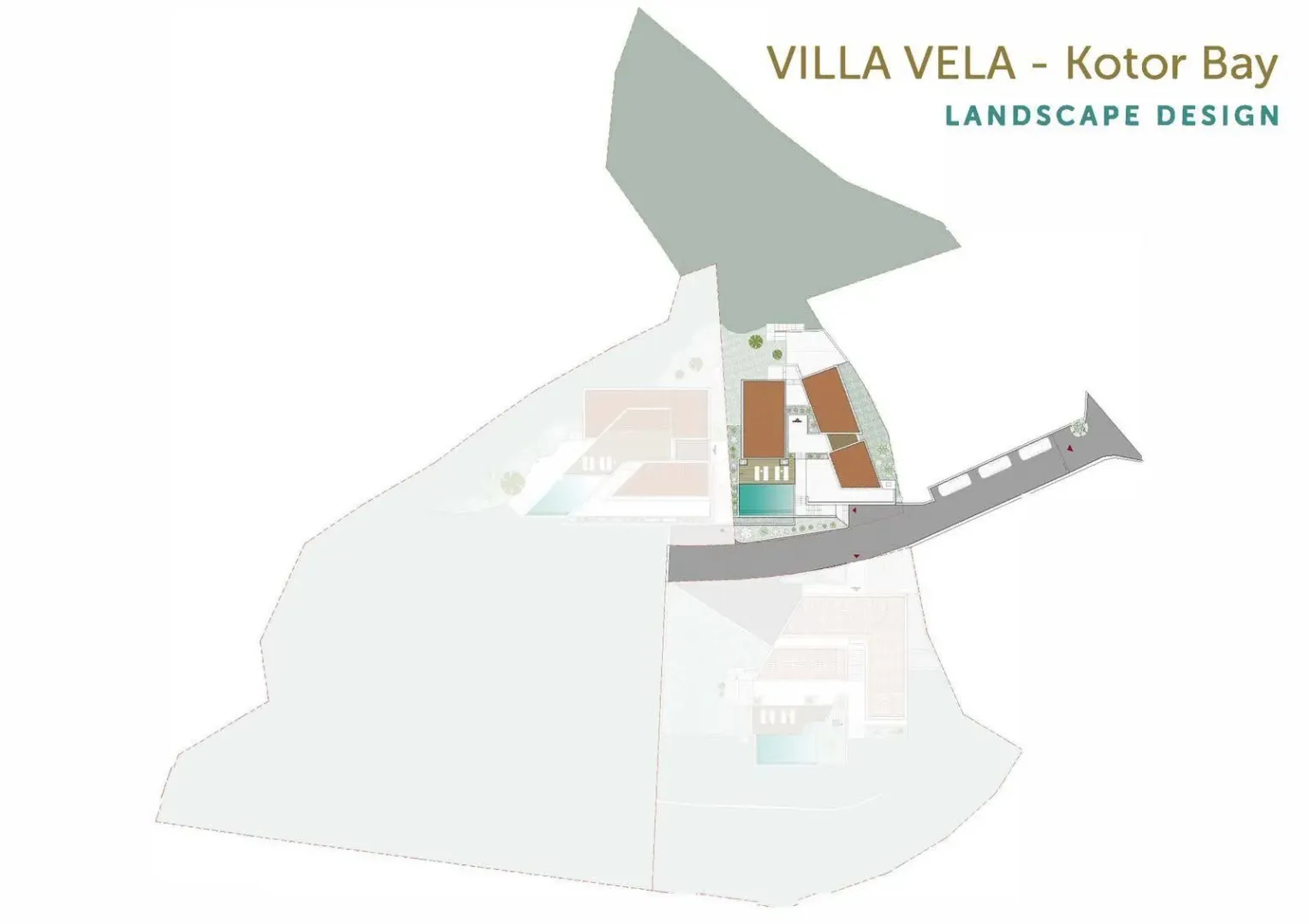 Plan pejzažnog dizajna i prikaza lokacije Vile Vela u Bokokotorskom zalivu.