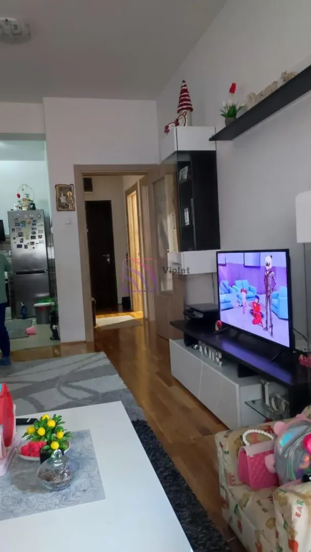 Dnevna soba sa TV-om i pogledom prema hodniku.