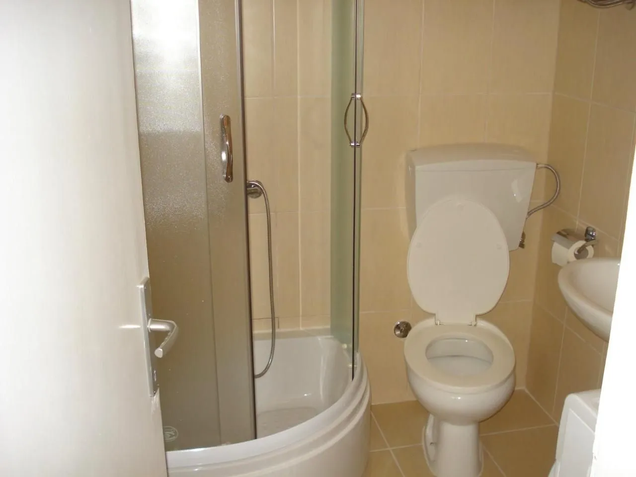Smaller bathroom with a shower cabin, toilet, and sink.