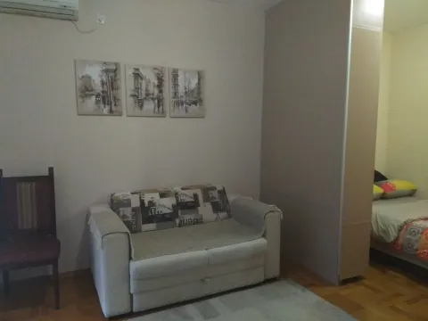 Manji dnevni boravak sa dvosjedom i slikama na zidu. - image 10