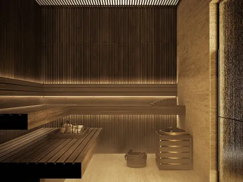 Moderna drvena sauna sa klupama i peći za grejanje. - image 13