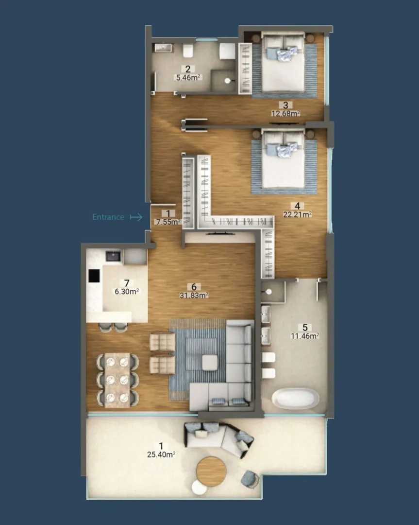 Two-dimensional apartment floor plan showing room layout and furniture.