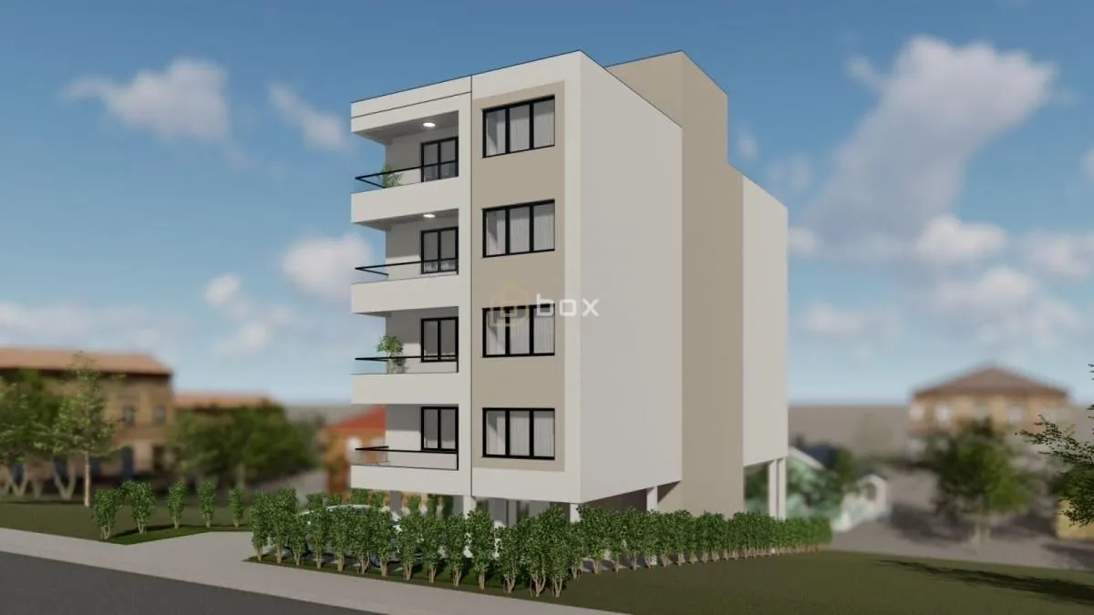 3D prikaz modernog stambenog objekta sa terasama i uređenim dvorištem.