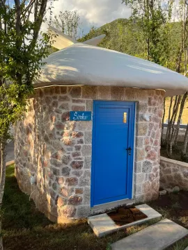 Exterior view of a small stone house with a blue door and a unique roof. - image 13