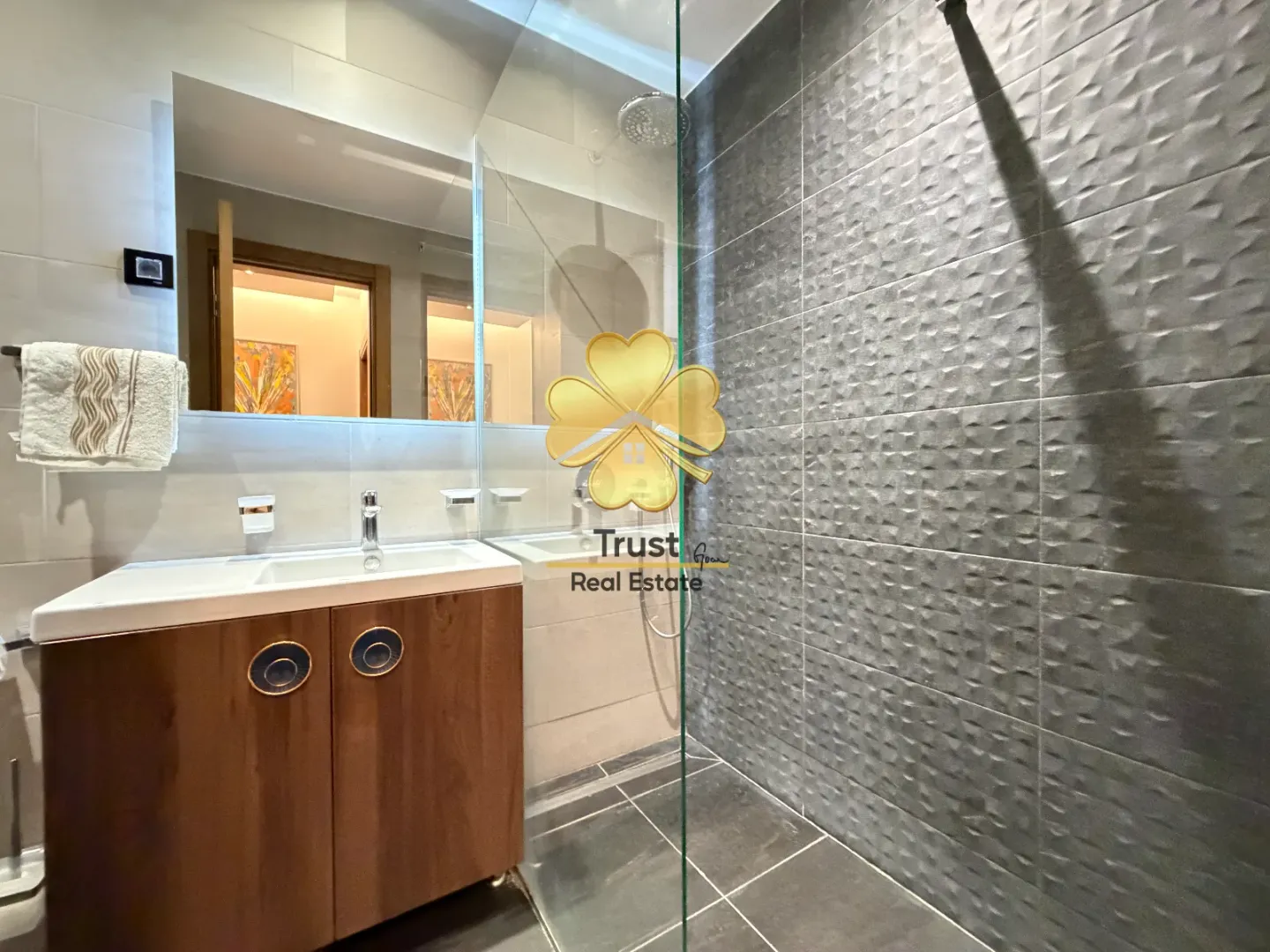 Modern bathroom with a sink, mirror, and walk-in shower.