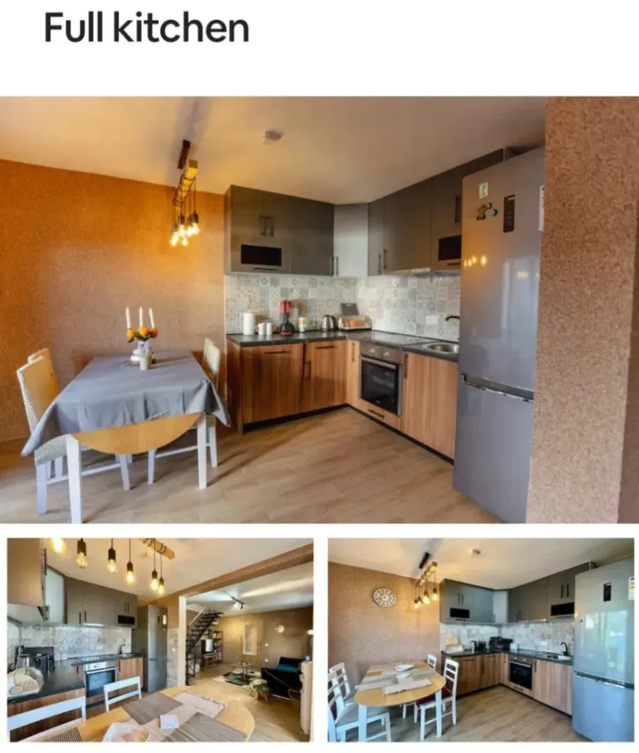 A collage showing the kitchen with a dining area and part of the living room.