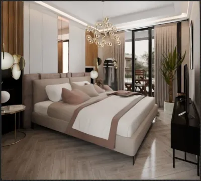 Moderna spavaća soba sa bračnim krevetom, elegantnim osvjetljenjem i izlazom na terasu. - image 7
