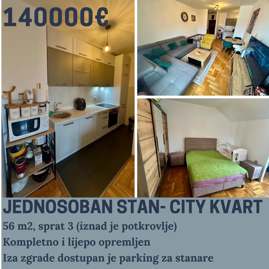 Kolaž fotografija enterijera jednosobnog stana.