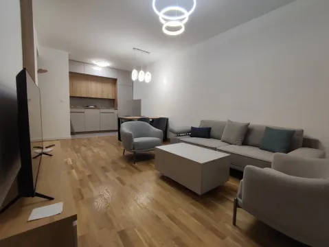 Svijetla dnevna soba sa modernim namještajem i kuhinjom u pozadini. - image 2