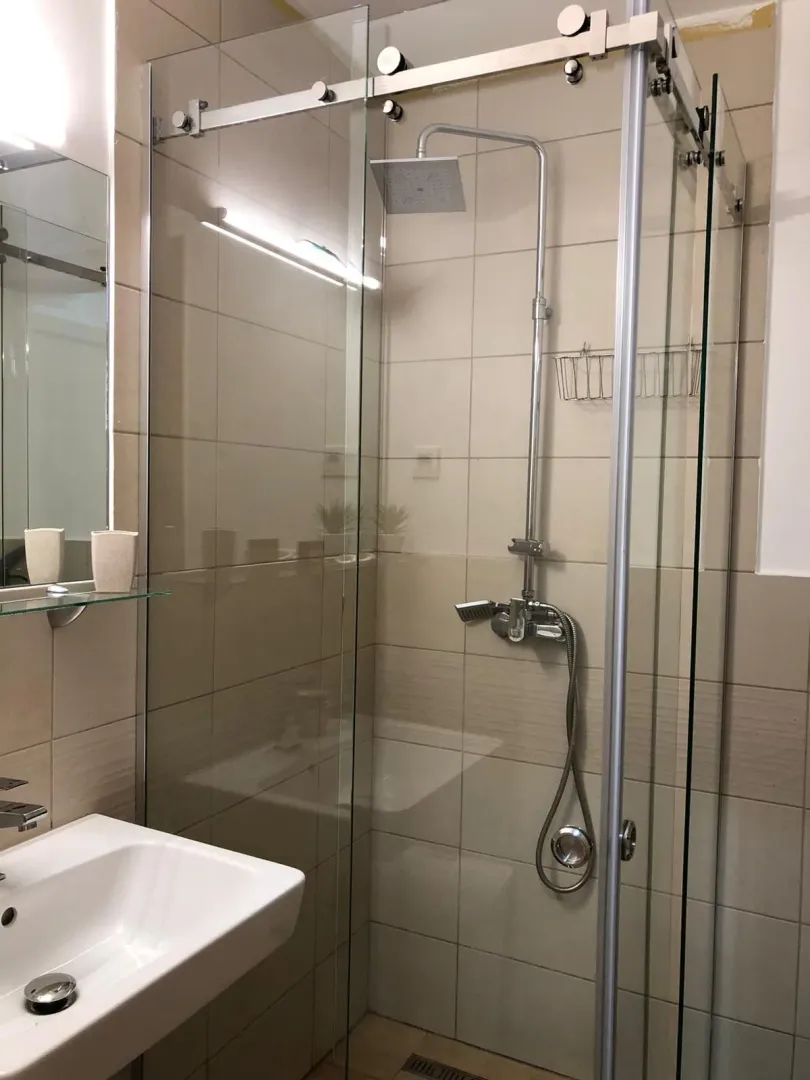 Kupatilo sa tuš kabinom i umivaonikom.