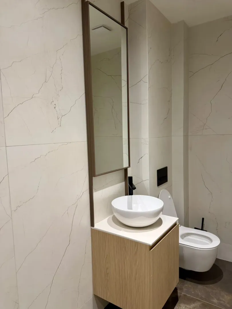 Modern bathroom with washbasin, mirror and toilet.