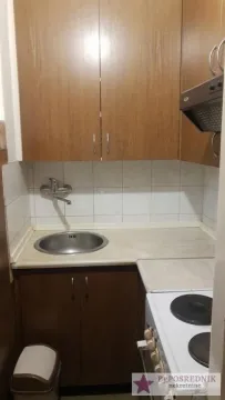 Manja kuhinja sa sudoperom, drvenim elementima i šporetom. - image 3