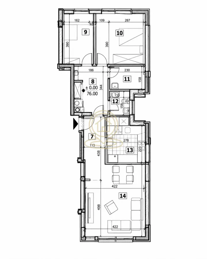 Arhitektonski nacrt stana sa ucrtanim dimenzijama prostorija.