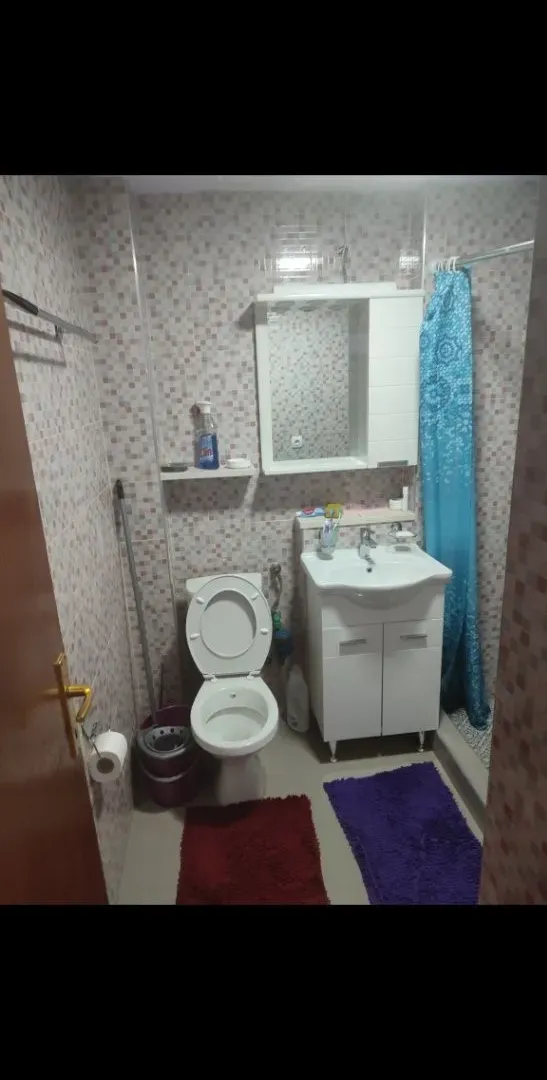 Small bathroom with a shower cabin, washbasin, and toilet.