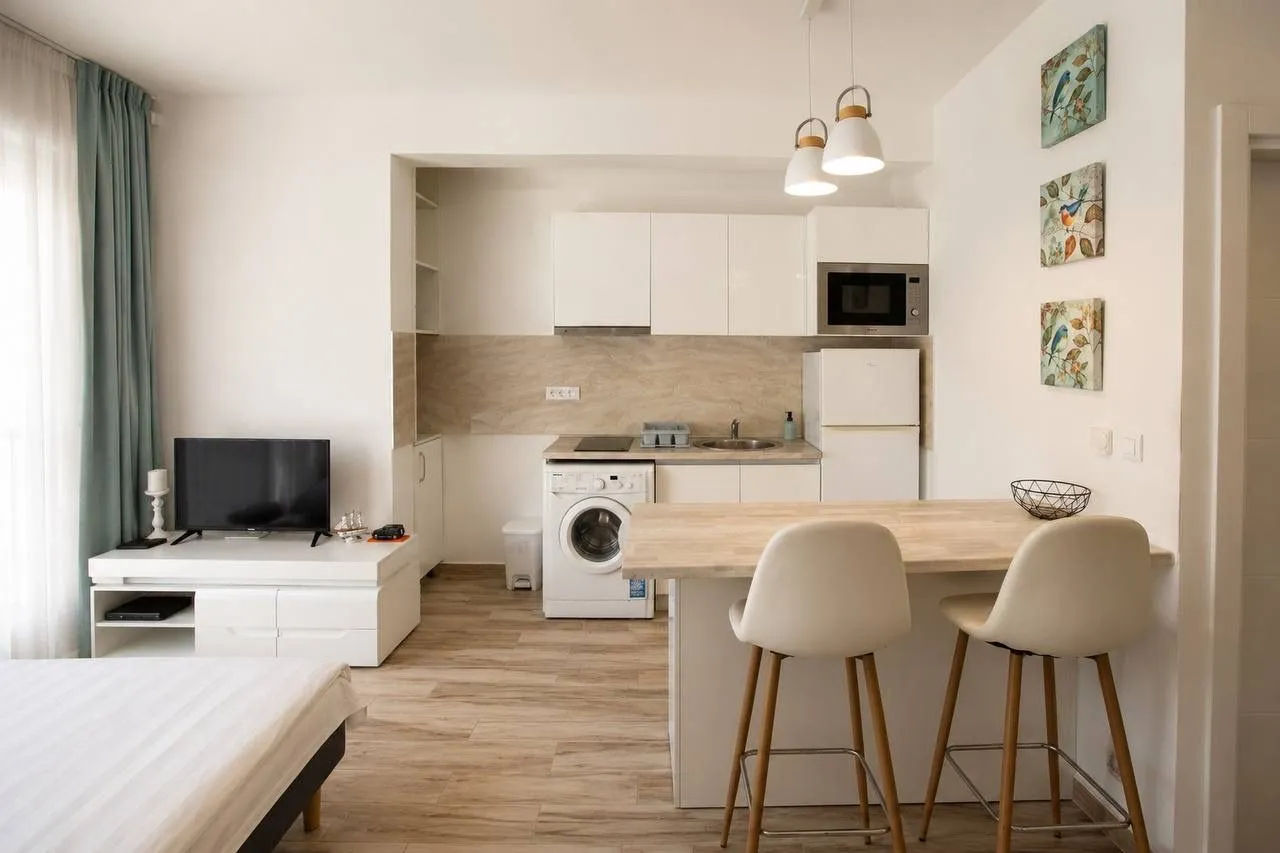 Modern studio apartment with a kitchen, dining counter, and sitting area.