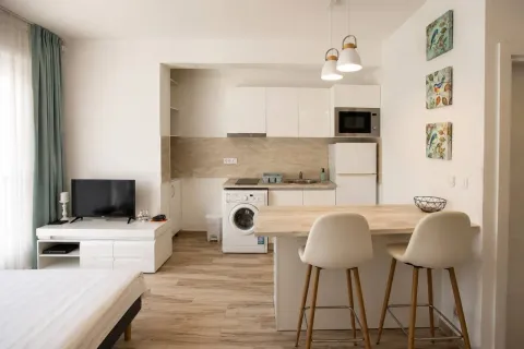 Modern studio apartment with a kitchen, dining counter, and sitting area. - image 3