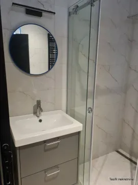 Modernly equipped bathroom with a washbasin and a walk-in shower. - image 12