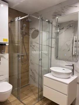 Modern bathroom with a walk-in shower, washbasin, and mirror. - image 11