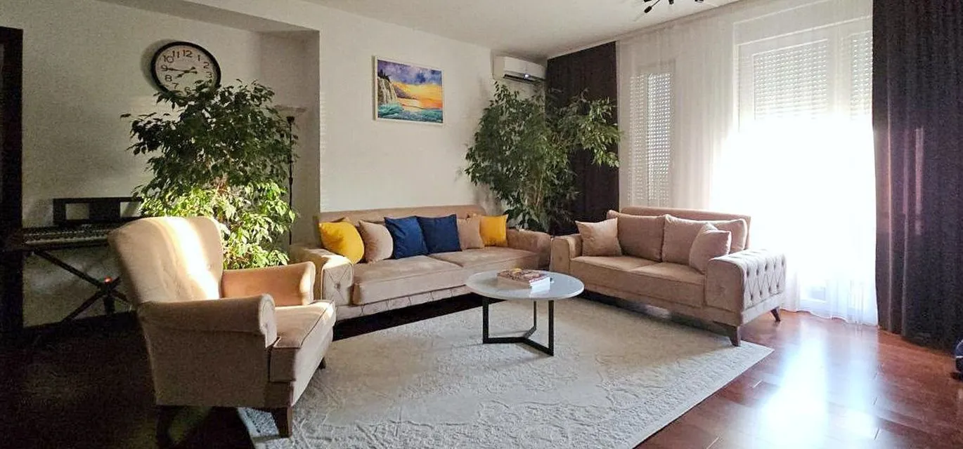 Spacious living room with a sofa set, armchair, and decorative plants.