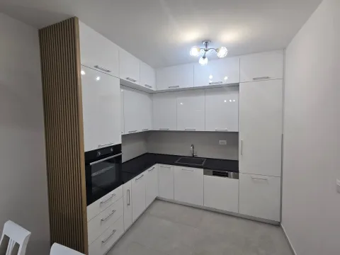 Modern white kitchen with a black countertop and built-in appliances. - image 10