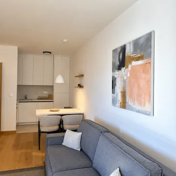 Living room with a sofa and an open kitchen in the background. - image 3
