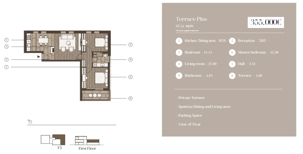 Prodaja, dvosoban stan, 68m², Marići, Tivat