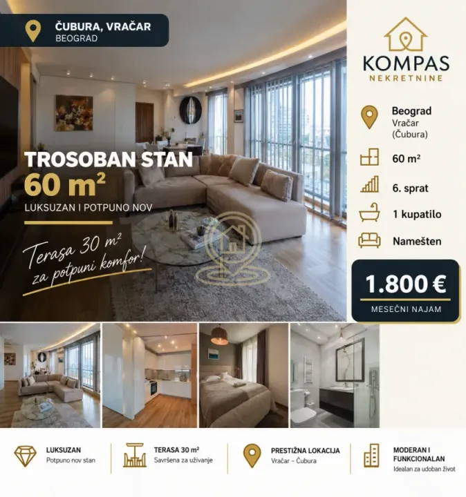 Rent, three bedroom apartment, 60m², Čubura, Beograd