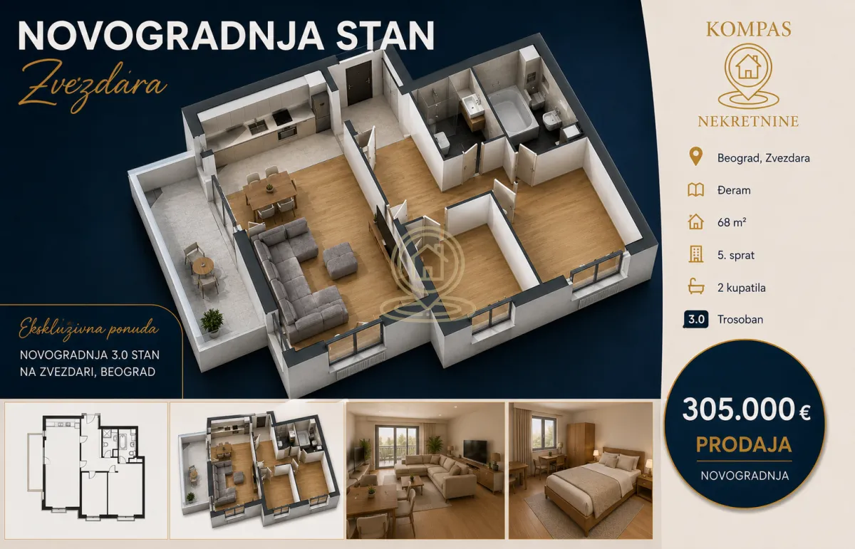 Prodaja, trosoban stan, 68m², Đeram Pijaca, Beograd