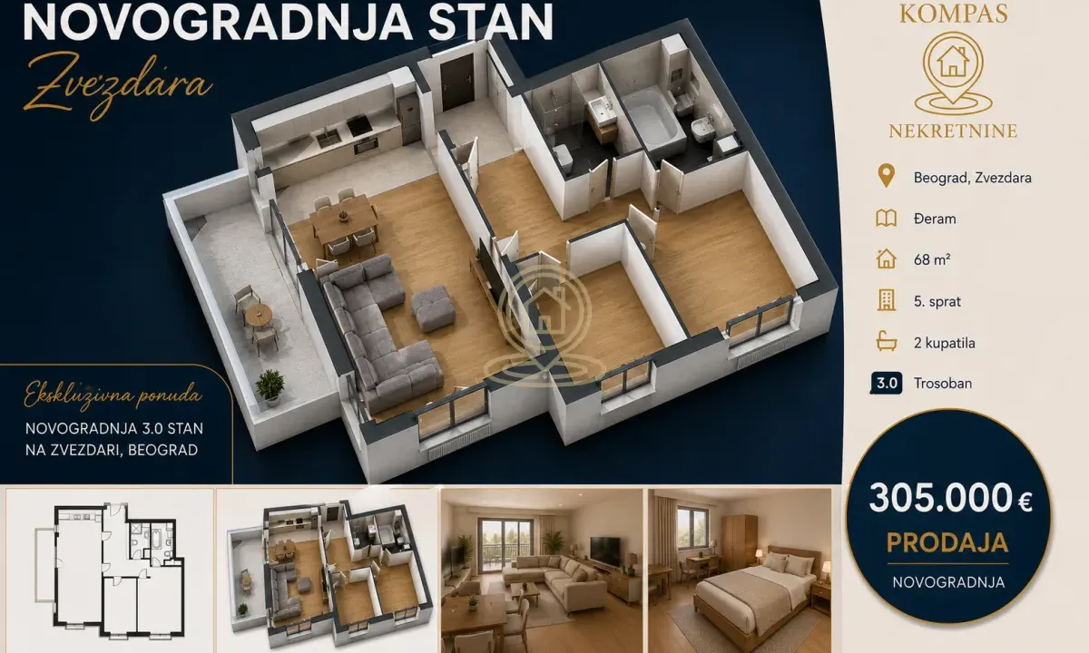 Sale, three bedroom apartment, 68m², Đeram Pijaca, Beograd