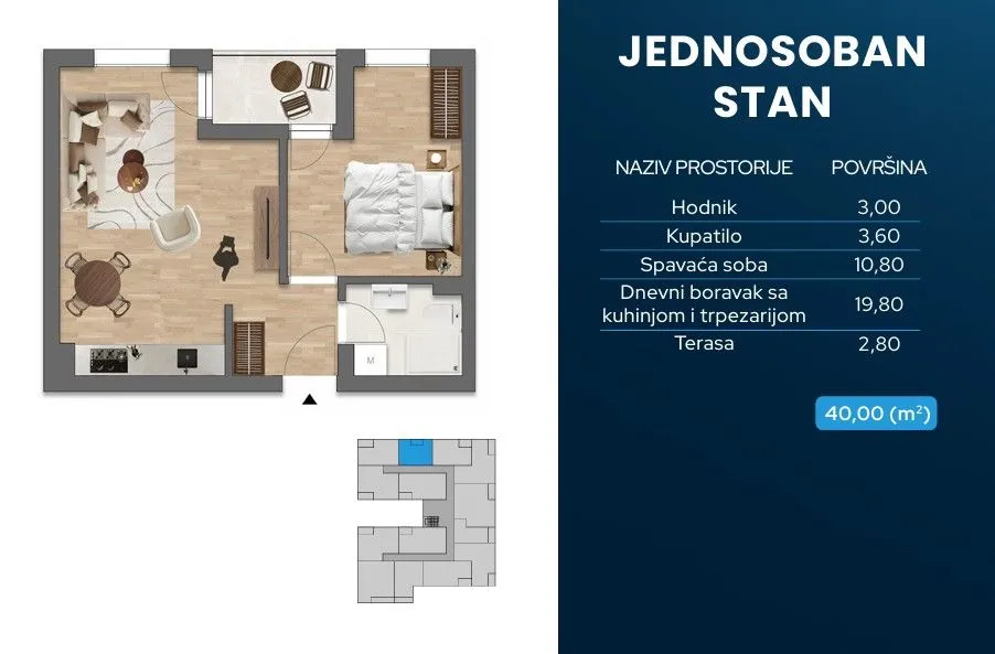 Prodaja, jednosoban stan, 40m², Zabjelo, Podgorica