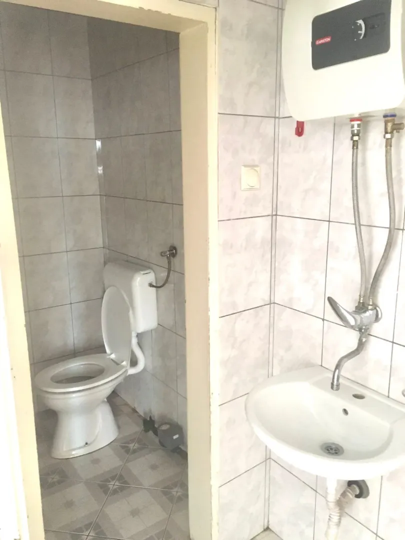 View of the bathroom with a washbasin, water heater, and a toilet in the separate area.