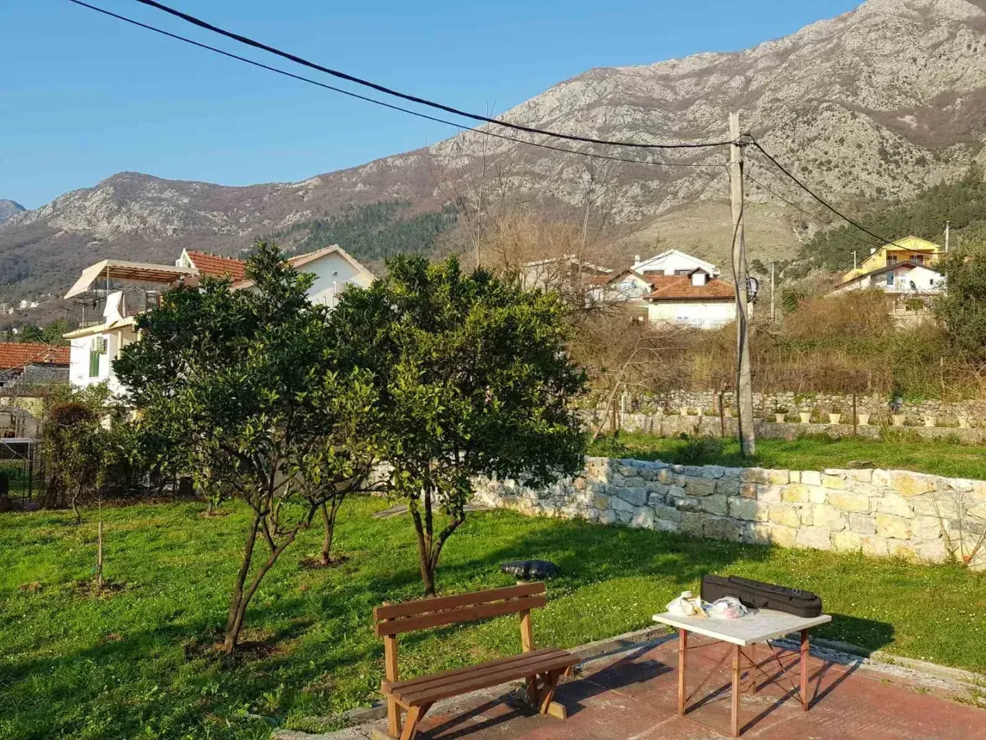 Green yard with trees, a bench, and a table with a mountain view.