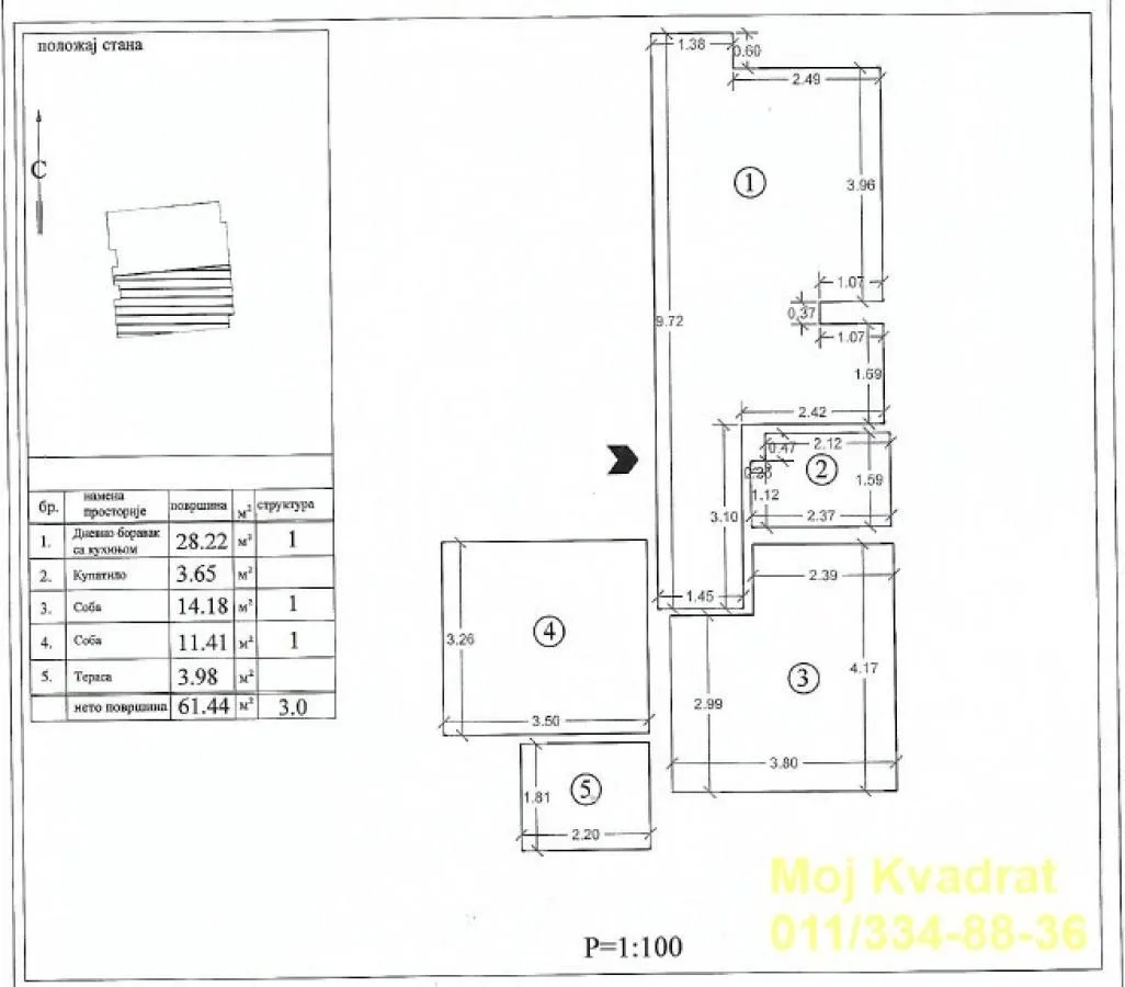 Osnova stana sa prikazanim rasporedom prostorija i dimenzijama.
