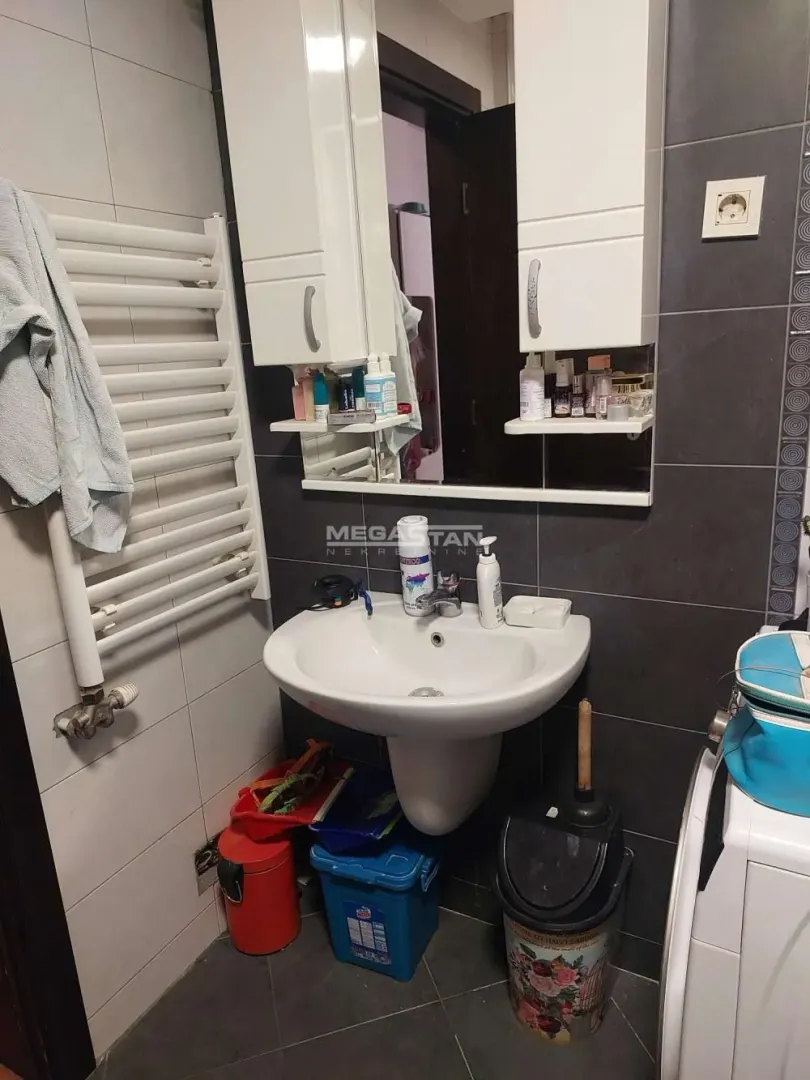 Smaller bathroom with a sink, mirror, and cabinet.