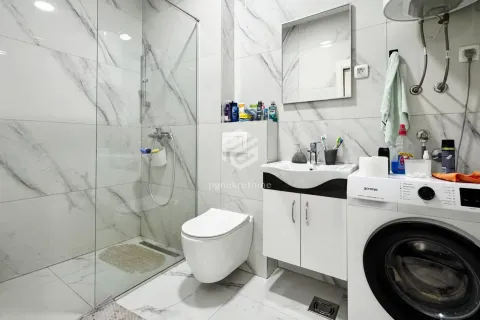 Modern bathroom equipped with a walk-in shower, washbasin, and washing machine. - image 15