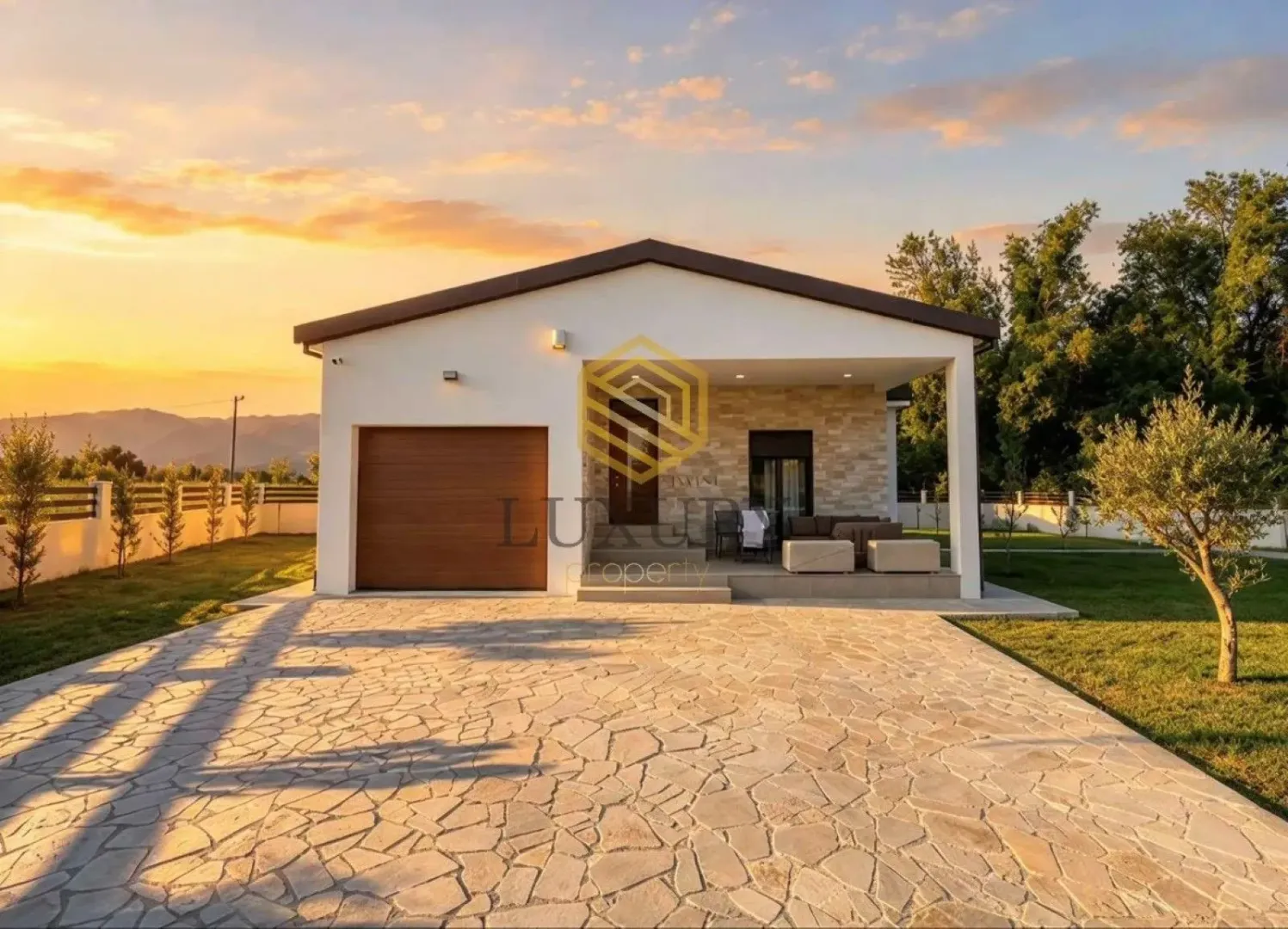 Modern single-story house with a yard and paved driveway at sunset.
