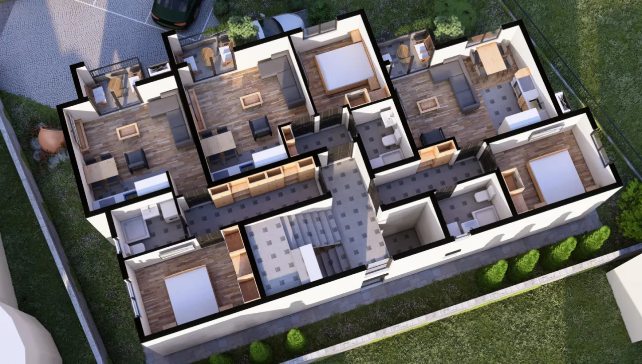 Three-dimensional floor plan showing the layout of rooms and furniture.