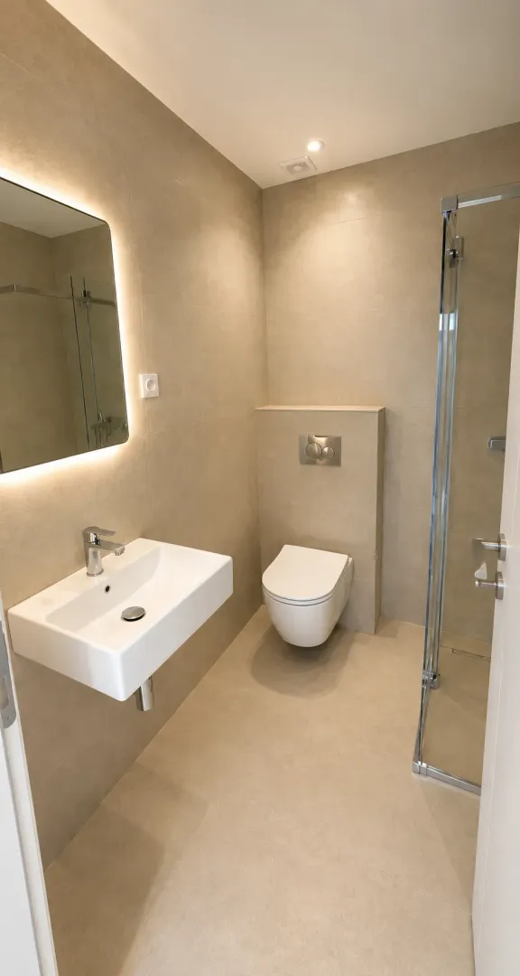 Moderne kupatilo sa tuš kabinom, umivaonikom i ugradnom wc šoljom.
