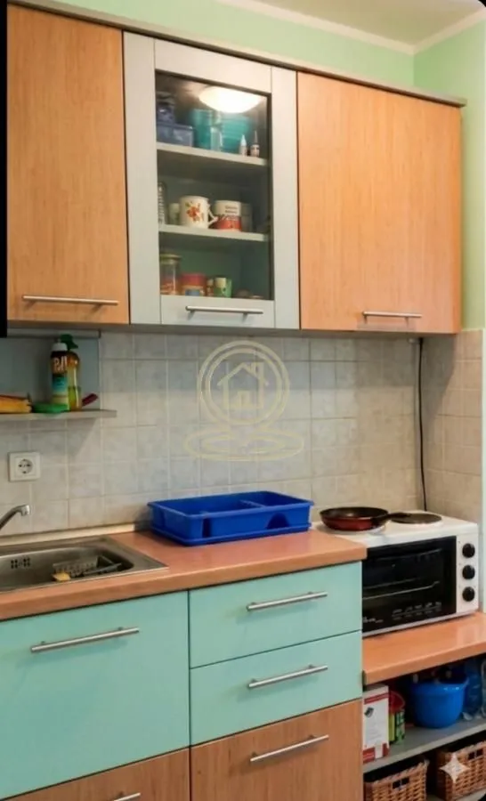 Manja kuhinja sa drvenim elementima, sudoperom i mini šporetom.