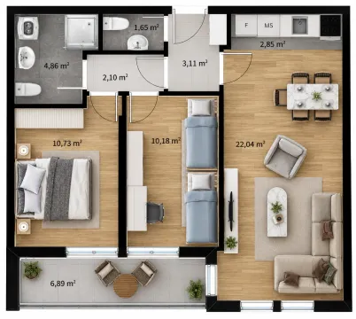 Two-dimensional floor plan of a three-room apartment with furniture and room square footage. - image 2