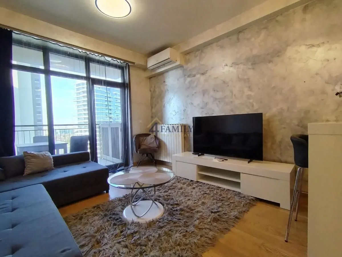 Living room with a sofa, TV, and access to the terrace.