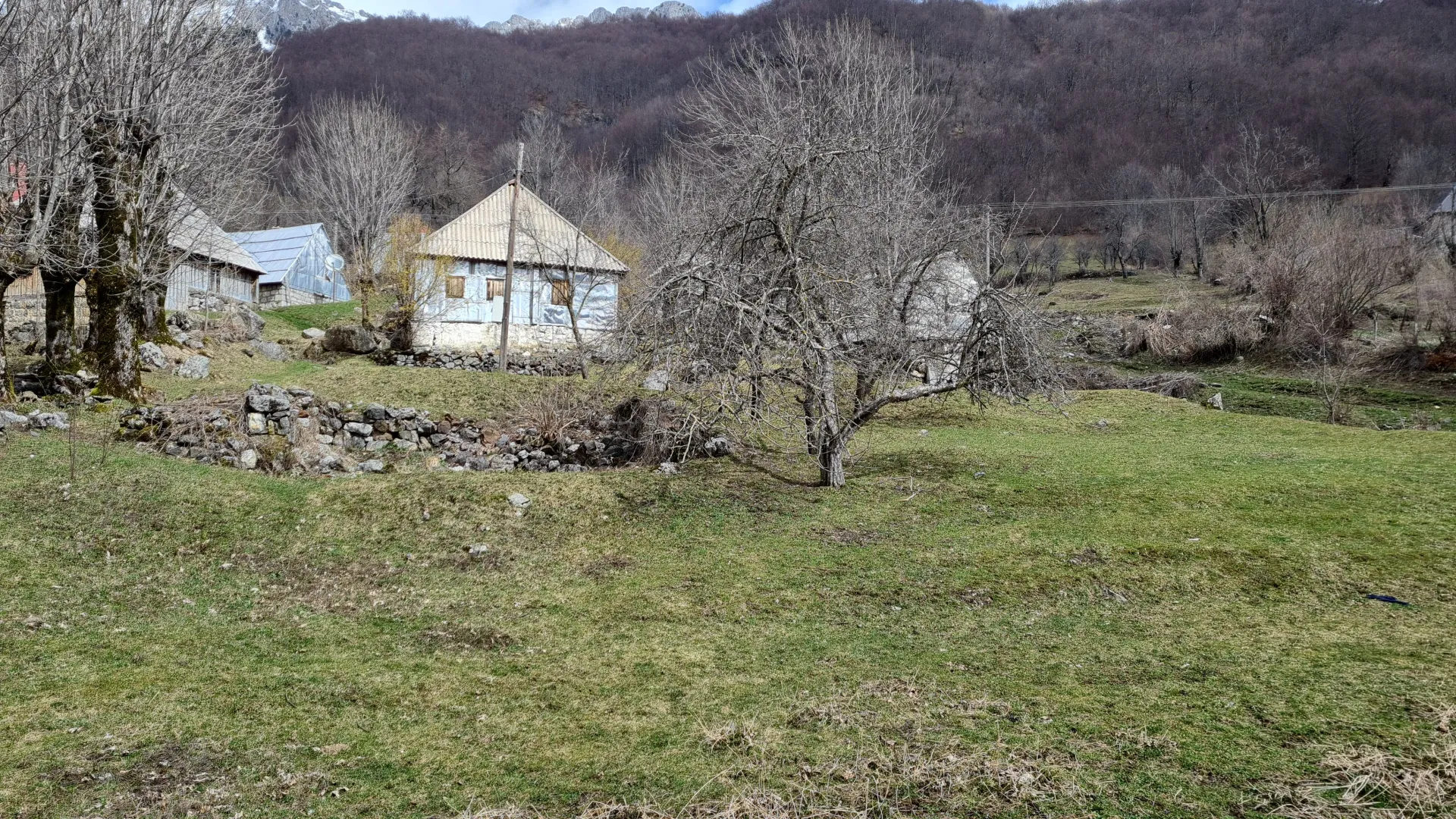 Seosko imanje sa kućom i voćnjakom u prizemnom dijelu brdovitog pejzaža.