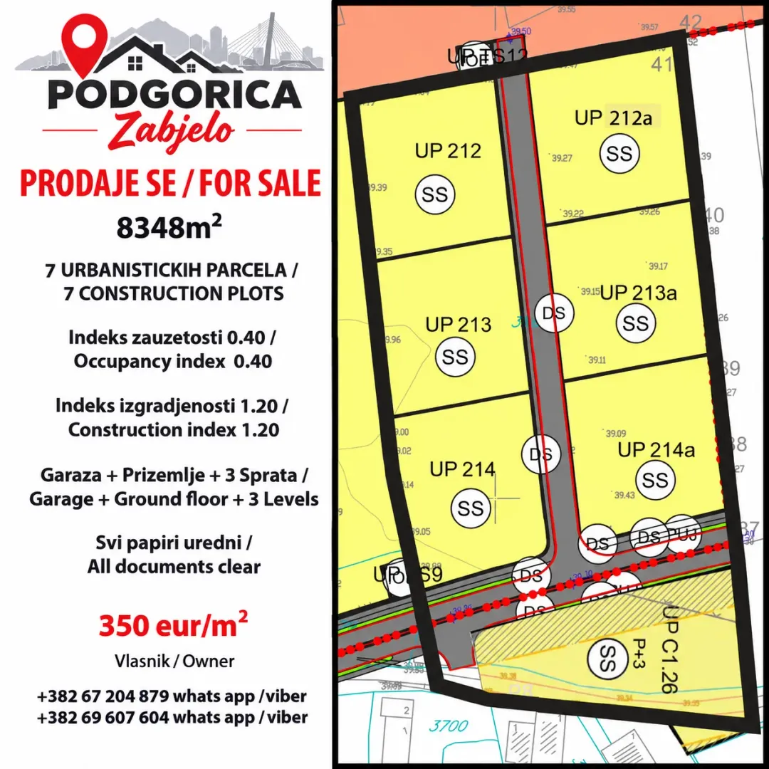 Katastarski plan sa označenim urbanističkim parcelama za prodaju u Podgorici.