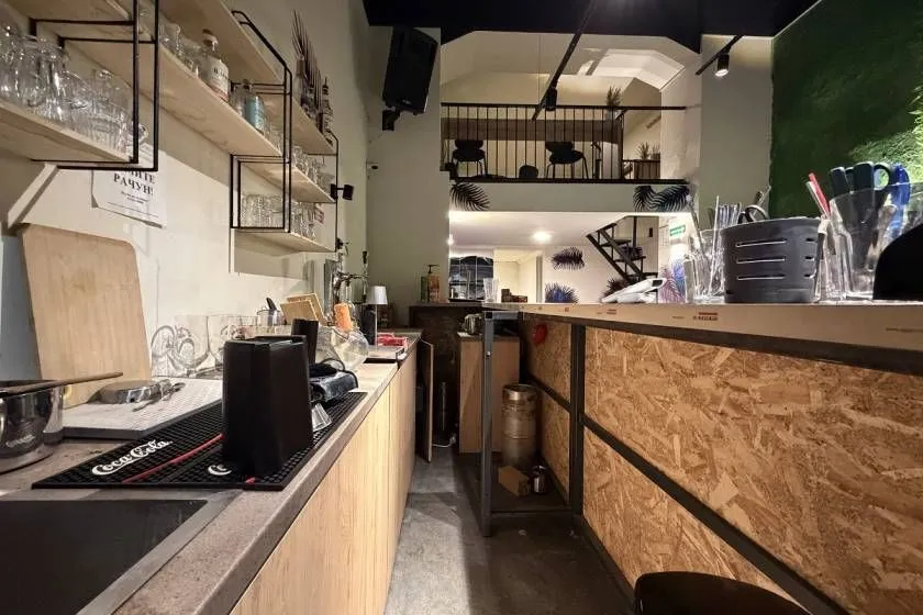 Bar counter with work surfaces and shelves in the interior space.