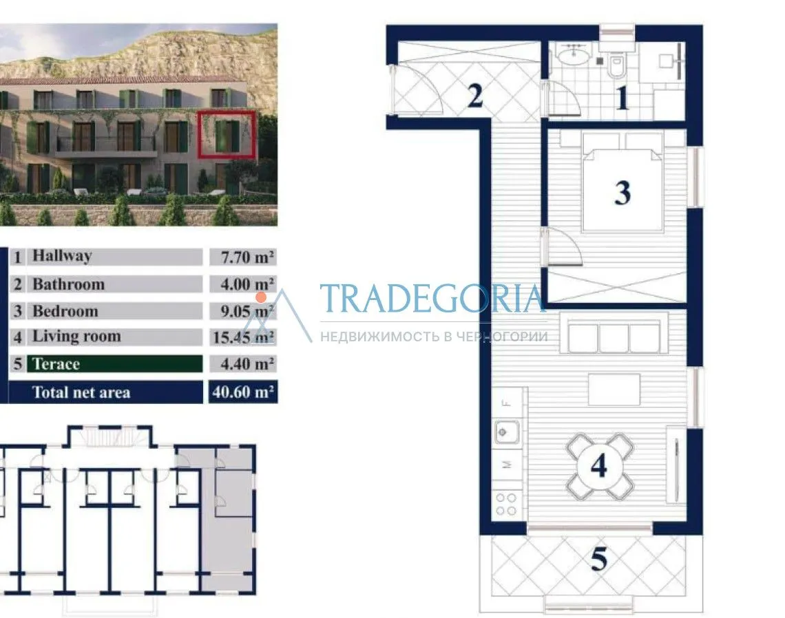 Prodaja, jednosoban stan, 41m², Prčanj, Kotor