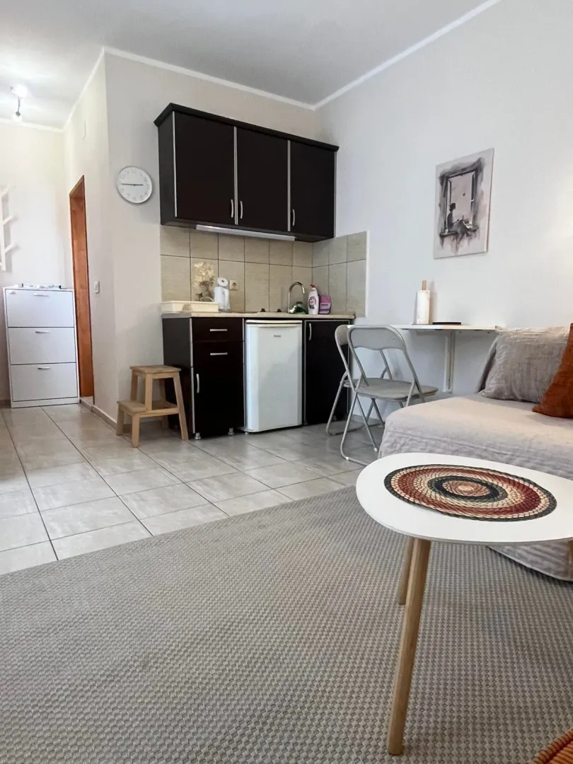 Smaller bright living room with a kitchen and dining table.