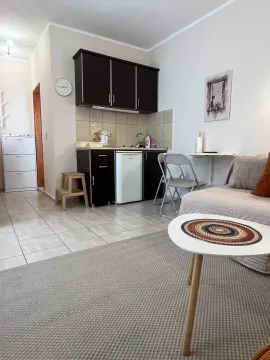Smaller bright living room with a kitchen and dining table. - image 3