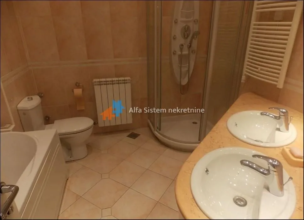 Bathroom equipped with a shower cabin, bathtub, toilet, and double vanity.