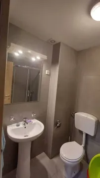 Kupatilo opremljeno umivaonikom, WC šoljom i ogledalom. - image 6