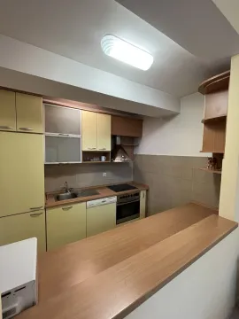 Kuhinja sa svijetložutim elementima, drvenom radnom površinom i ugradnim uređajima. - image 4